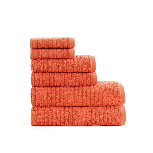 Tommy Hilfiger - Bath Towel Set, Absorbent Cotton with Zero Twist Construction, Medium Weight, Dorm Essentials, Oeko-Tex Certified (Brick Texture Orange, 6 Pack)
