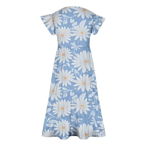 Girls Dresses Size 10-12 Cute Floral Printed Midi Dress Crew Neck Tiered Summer Sundress School Hiking4