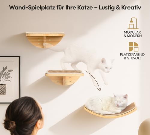 Katzentreppe Wand 3er-Set, Katzen Kletterwand mit 2 Kletterstufen & Gebogenen Plattformen, Wandmontiertes Holz Katzenwandmöbel Set für Klettern Spielen Schlafen
