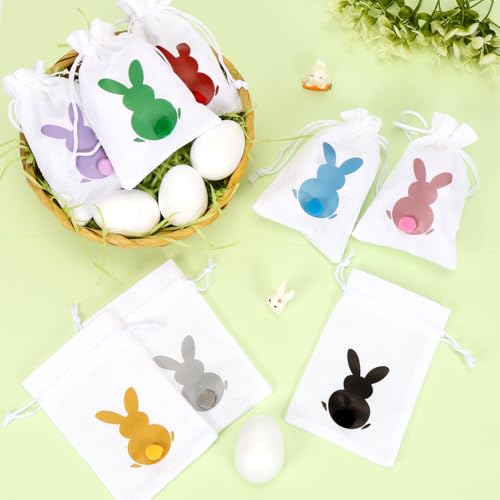 12 Stück Geschenktüten Ostern, Ostertüten mit Hasen Plüschschwanz, Osternester zum Befüllen, Osterhase Jutebeutel mit Kordelzug, Osterndeko Stoffbeutel Taschen(Weiß)