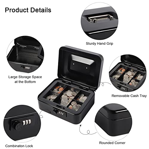 Kentoko Cash Box With Combination Lock Safe Durable Metal Money Box With Money Tray For Security Lock Box, Black, 7.87" X 6.3" X 3.54" #TOP3