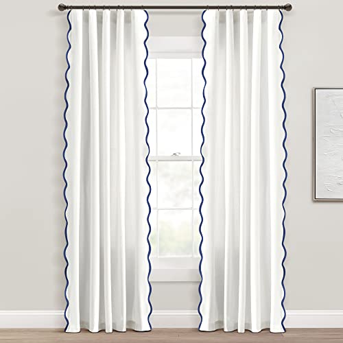 Image of Lush Decor Coastal Chic Scalloped Edge Light Filtering Window Curtain Panels Pair, 52 inch W x 84 inch L, Navy & White - White Curtains for Living Room - Coastal Decor (Pack of 8)