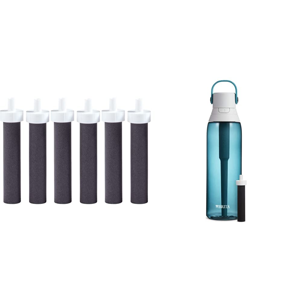 Brita Water Bottle with Filter, 26 Ounce Premium Filtered Water Bottle, BPA Free, Sea Glass & Water Bottle Replacement Filters, BPA Free, 6 Count