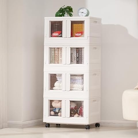 KuyiGame Stackable Storage Bins with Lids, Collapsible Storage Box, Foldable Storage Cabinet Containers with Doors and Wheels, Versatile for Home, Garage, Closet, Office Organization,4Pack Cover