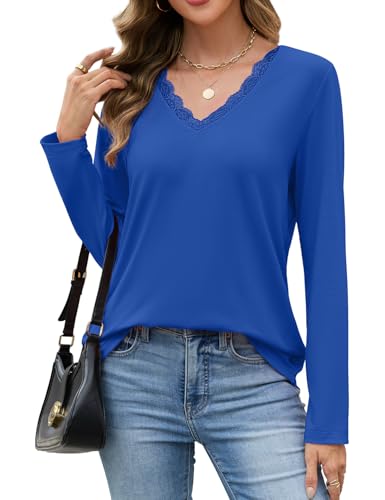 JUSTFASHIONNOW Long Sleeve Shirts for Women Lace V Neck Tunic Tops Dressy Business Casual Blouses Trendy Loose Fit Cute Winter Clothes (Blue,Medium) — view 2
