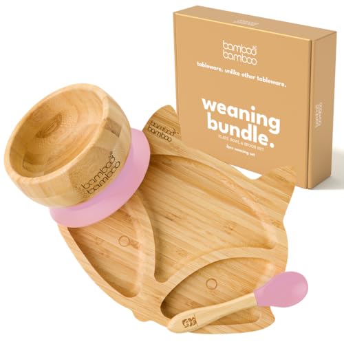 bamboo bamboo Baby Plate & Bowl Weaning Set with Secure Suction for Feeding and Weaning, Bamboo Fox Plate, Toddler Bowl & Baby Spoon for Babies from 6 Months (Fox, Pink)