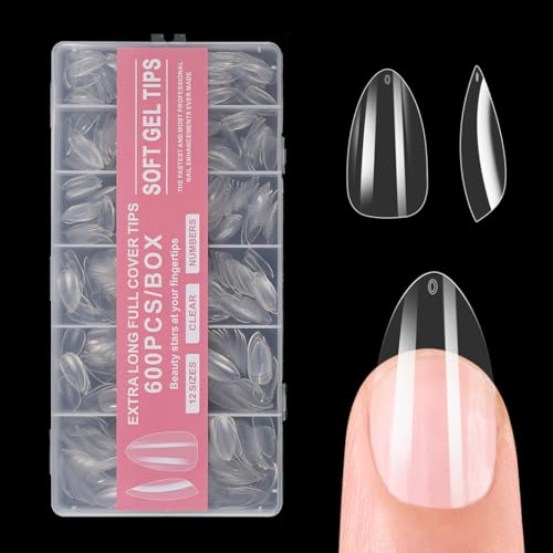 Almond Gel Nail Tips, 600PCS Pre Etched Clear Fake Nails Tips Medium Almond Shape - 12 Sizes Full Cover Soft Acrylic Press On Nail Extensions No C Curve Gift for Diy at Home