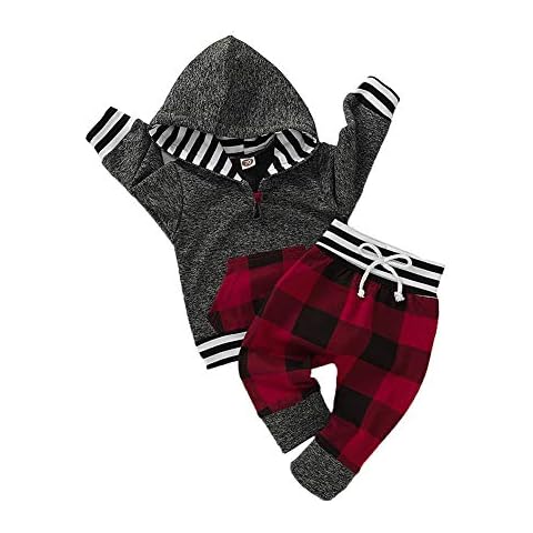 YEASQGS Baby Toddler Unisex Panda Camo Plaid Floral Pocket Hoodie Pants Long Sleeve 2 Piece Outfit (Red Plaid, 6-12 Months) Cover
