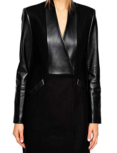 xxxiticat Women's Double Breasted Faux Leather PU Coat Patchwork Splice Lapel Panel Trench Woolen Jacket Cardigan4