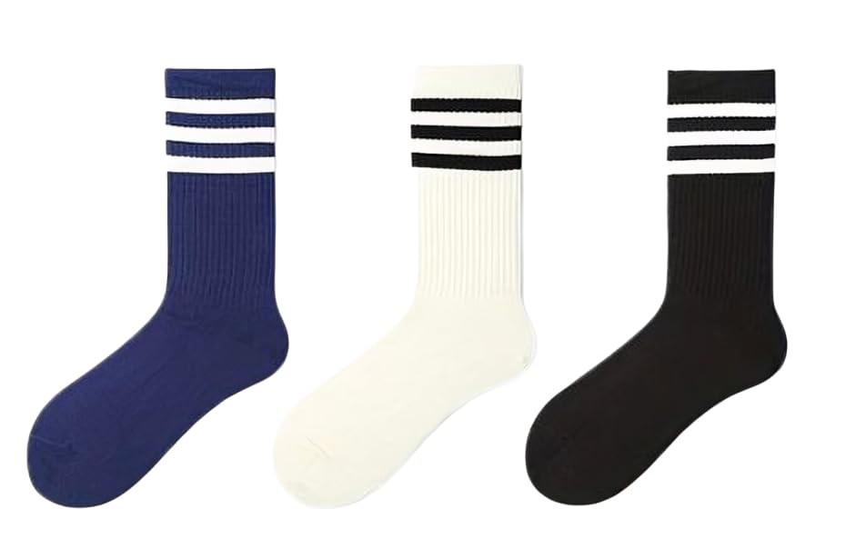 bahuzoStriped Crew Socks, 3 Pairs, Grey/Navy/Black