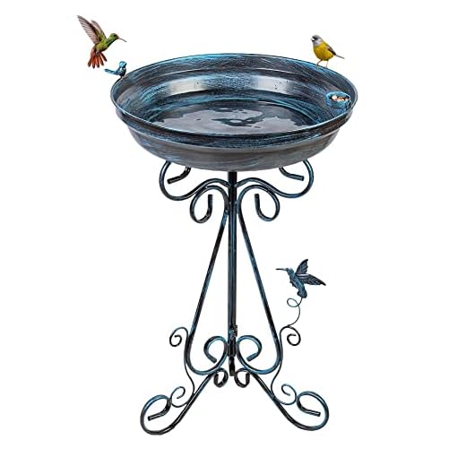 VEWOGARDEN Blue Bird Baths for Outdoors Large Garden Metal Bird Bath 17.7" Bird Bath Bowl Bird Bath and Feeder Combo Garden Birdbath Standing Bird Feeder Bath with Folding Bracket