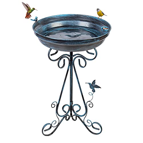 VEWOGARDEN Large Metal Standing Bird Bath for Outside with Folding Bracket for Outdoors Garden Yard Patio Decoration, Light Blue
