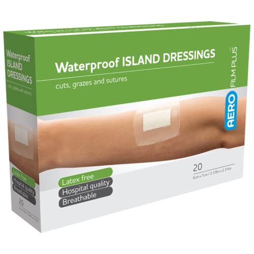 AEROFILM PLUS Waterproof Island Dressing, transparent film with absorbent pad, hypoallergenic strong hold, breathable, sterile single use, 6 cm x 7 cm, box of 20