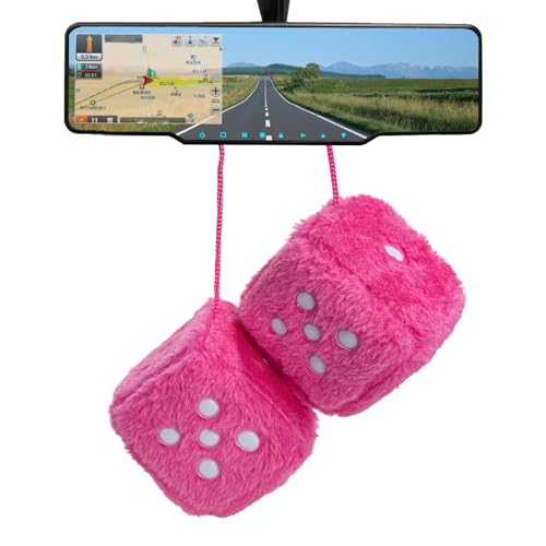 JUSTTOP - JUSTTOP 2 PCS Fuzzy Plush Dice, 2.95" Square Fuzzy Dice Car Rear View Mirror Ornament with Dots, Pair of Retro Dices Hanging Pendant for Car Interior Decoration, Car Accessories (Rose Red)