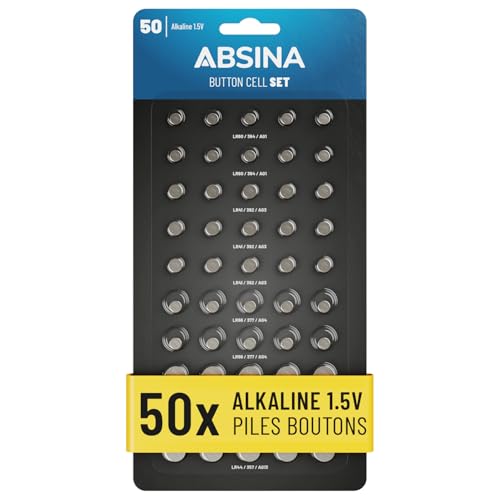 ABSINA Pack de 50 Assortiment Pile Bouton - 10x AG1 LR621, AG4 LR66, AG10 LR1130 / 15x AG3 LR41 / 5X AG13 LR44 - Piles Boutons Assortiment 1,5V - Piles Plates...