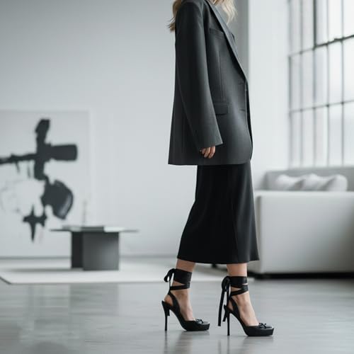 Image of Riekhany Satin Ballet Heels for Women Closed Square Toe Bow Ballerina Heels Lace Up High Heel Slingback Pumps Strappy Stiletto Mary Janes Elegant Party Shoes