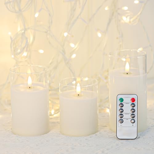 Image of Clear Glass 3-Pack Flameless LED Pillar Candles with Remote | White Wax Battery Operated LED Pillar Candle with Timer Adjusting Brightness Lighting Modesfor Party Wedding Home Decoration