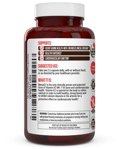 Vitamin K2 Mk-7 Supplement 180Mcg -Vitamin K2 Supports Bone & Heart Health For Cardiovascular Calcium Absorption From Arteries- 60 Easy To Swallow Vegetable Caps Of Menaq7 K2 Mk7 #TOP3