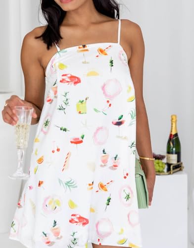 Image of NUFIWI Women Boho Graffiti Cami Mini Dress Spaghetti Strap Printed A Line Short Dress Backless Cut Out Colorful Sundress