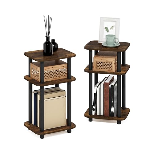 Image of Furinno JUST 3-Tier Telephone Table Set of 2, Turn-N-Tube Toolless Side Table with Open Shelf, Round Curve Corner Night Stand, Bedside Table, for Living Room, Bedroom, Amber Pine