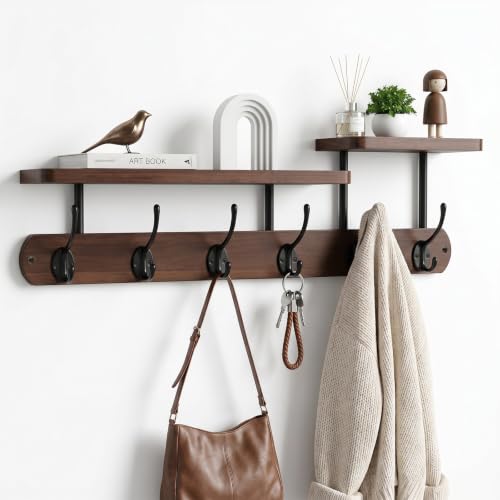 Holiwe Porte Manteau Mural 59 cm avec Étagère à 2 Niveaux,Patère Murale en Bois avec 6 Crochets Doubles,Porte Clé Mural Moderne pour Entrée,Couloir,Chambre,Salon