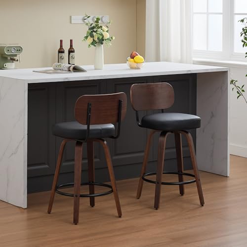 KEKI Swivel Bar Stools Set of 2, 26" Upholstered Faux Leather Counter Height Barstools with Walnut Back & Bentwood Legs, Mid Century Modern Bar Chairs Island Stools for Kitchen Counter, Black PU by KEIKI - Used condition - Image 5