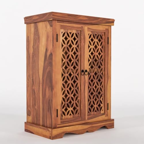 Image of Solid Sheesham Wood Sideboard and Cabinets | Wooden Side Board Small for Living Room | Free Standing Buffet Cabinet with 2 Door Cabinet Storage | Rosewood, Natural Finish