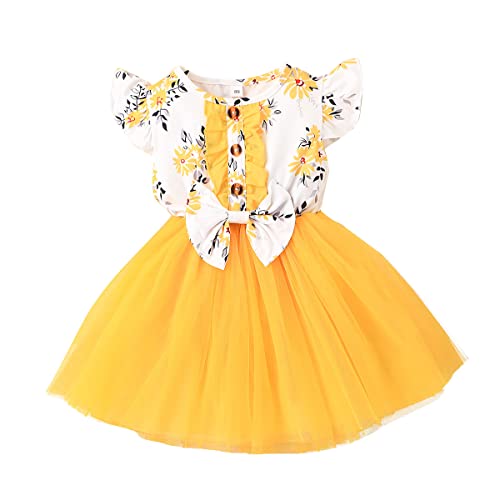 1T-5T Baby Girls Dresses 3D Printed Bow Tops Splicing Ruffle Tulle Skirt One Piece Frock Toddlers Summer Frock Yellow