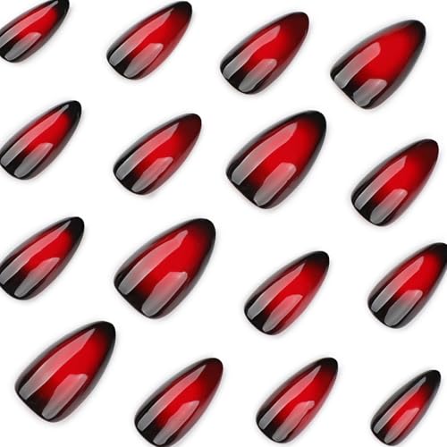 Image of Red Press on Nails Black Ombre Fake Nails Medium Almond False Nail Glossy Full Cover Glue on Nail Artificial Acrylic Dark Stick on Nail for Women Girls Christmas Manicure 24Pcs
