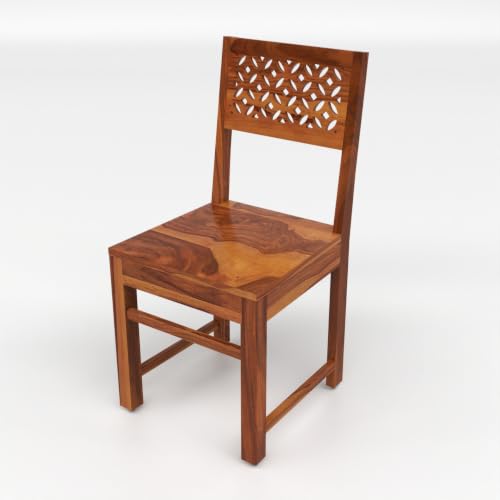Image of Solid Sheesham Wood Dining Chair Set of 4 | Wooden Dining Chairs with Decorative Cutwork Backrest | Modern Dining Room Chairs for Home, Kitchen & Restaurant | Premium Honey Finish