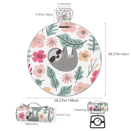 Shimoshe Leafy Flower Sloth Picnic Outdoor Blanket Foldable Waterproof Sandproof Beach Blanket Portable Water-Resistant Round Picnic Mat for Travel Camping Park Lawn