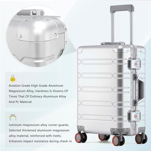 Simcat All Aluminum Carry On Suitcase, 100% Aluminium Metallkoffer, Aluminiumlegierung Koffer Trolleys Handgepäckkoffer mit Spinnerrädern, TSA-Schloss (Silber,55×35×23cm,37L)