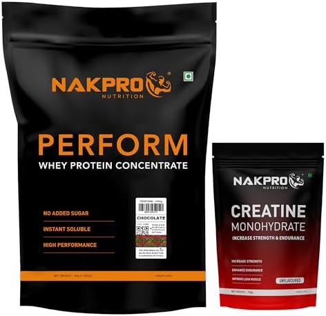 NAKPRO NUTRITION Perform Whey Protein Concentrate | 1 Kg Chocolate with 100g Creatine - Unflavoured