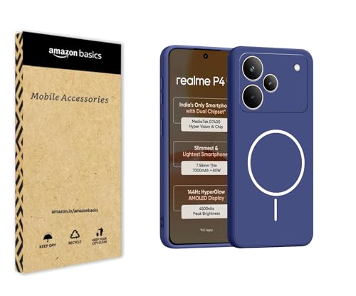 Image of amazon basics Back Cover for Realme P4 5G | Ultra Slim Soft Rubberised Case | Magsafe Logo Printed (Not Magsafe Compatible) | Camera Protection - Blue
