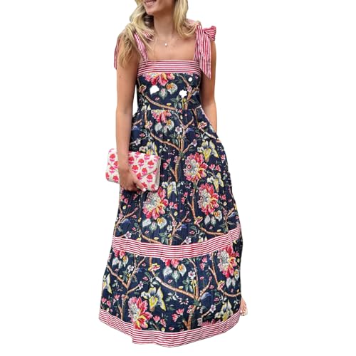 Image of Women Y2k Boho Maxi Dress Tie Shoulder Backless Strappy Tiered Flowy Dress 2024 Summer Floral Beach Sundress
