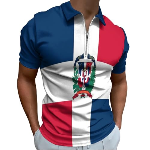 Polo homme manches courtes à zip avec drapeau dominicain pour le golf bleu stretch