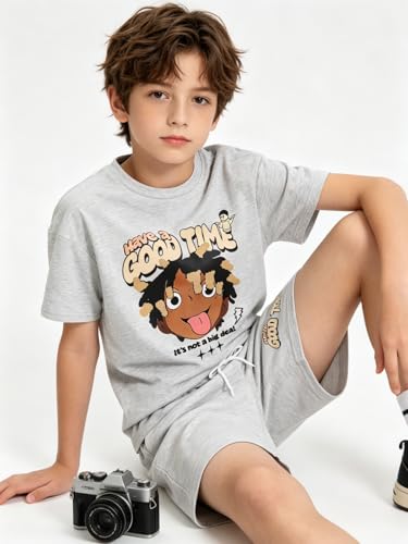 Image of Size 6-12 Years Boys Summer Outfits Set Kids Short Sleeve Top T-Shirt & Shorts Color Block Clothing Sets