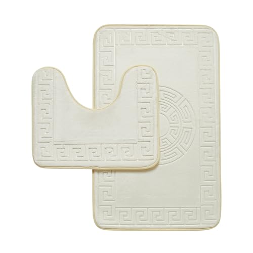 GC GAVENO CAVAILIA Memory Foam Bath Mat Non Slip - Extra Soft Highly Water Absorbent Bathroom Mat Sets 2 Piece - Greek Toilet Rug (50 x 80 cm) & Pedestal Set (50 x 40 cm) - Washable - Cream