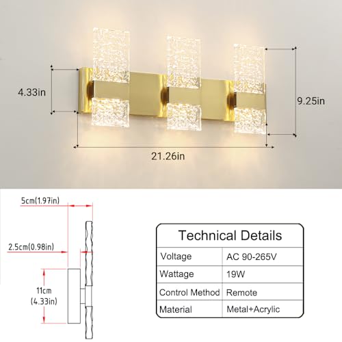 Image of Modern Polished Gold 3 Light Bathroom Vanity Light, Eleglant LED Bathroom Light Fixtures Over Mirror, Hardwired Acrylic Shade Wall Lighting Fixtures, Dimmable, 3CCT(3000 /4000 /5000K)