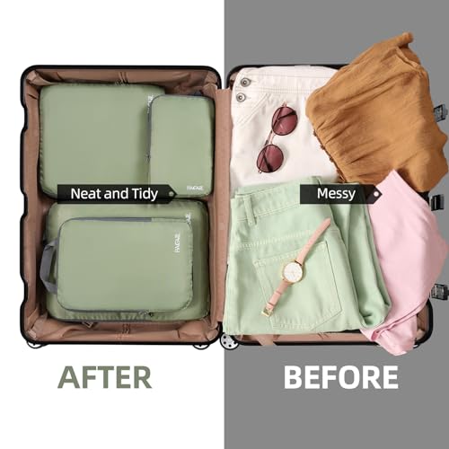 Image of BAGAIL 4 Set /6 Set /8 Set Compression Packing Cubes Travel Accessories Expandable Packing Organizers (Cloth Pattern, 4-Matcha Green)