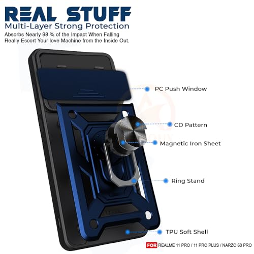 Image of Armor Bumper Back Cover Case for Realme 11 Pro /Pro Plus /Narzo 60 Pro Rotating Camera Cover, Ring Holder & Kickstand | Heavy Duty & 360 Degree Protection Back Cover (Blue)