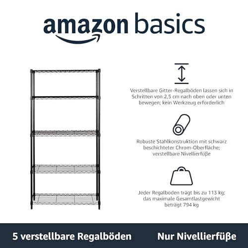 Amazon Basics Aufbewahrungseinheit mit 5 Regalböden, höhenverstellbaren Einlegeböden und Nivellierfüßen, max. Gewicht 795 kg, Schwarz, 36 D x 91 W x 183 H cm