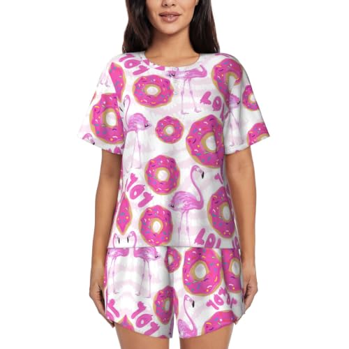 Pijama de 2 piezas Flamingo And Donuts con manga corta y pantalones estampados para mujer