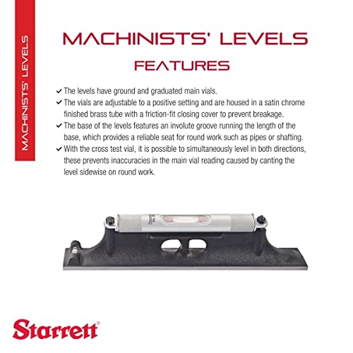 Image of Starrett Machinists' Level with Ground and Graduated Main Vial - Ideal for Machine Shop and Tool Room Use - 12 inch Length, Cross Test Vial, Without Case - 98-12