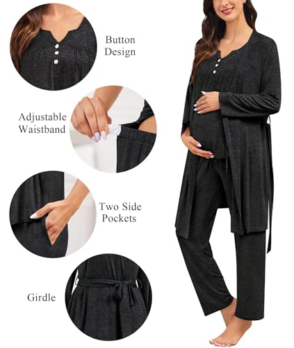 Image of SWOMOG Maternity Nursing Pajamas Set 3 Piece Breastfeeding 3 in 1 Labor Delivery Sleevless Tops Long Pants Pregnancy Pjs
