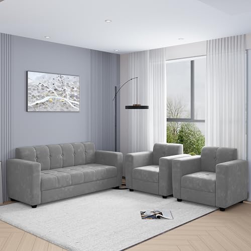 Bharat Lifestyle Deno Soft Touch Fabric 3+1+1 Sofa Set | Grey Finish | Luxurious & Comfortable Sofa for Living Room Bedroom Home & Office | DIY Assembly | Premium Build | 1 Year Warranty
