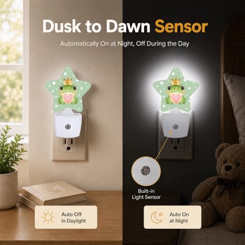 Image of Star Night Light Plug in, Cute Frog Dusk to Dawn Sensor Night Light, Soft Glow Lamp for Kids Bedroom Nursery Hallway Bathroom, Energy Saving Compact Design