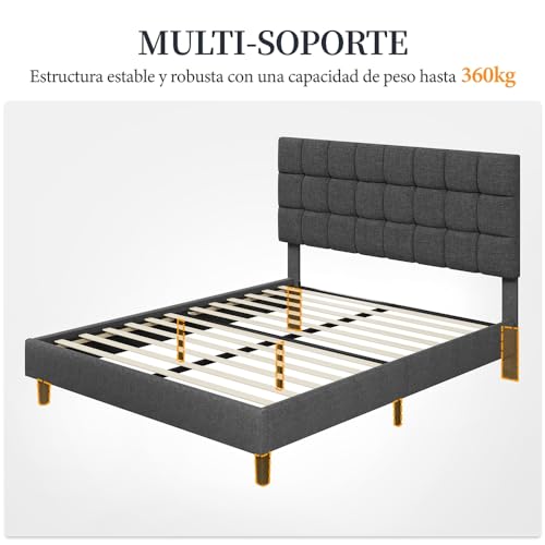 Yaheetech Marco de Cama Tapizada de 160 x 200 cm Camas de Matrimonio con Cabecero Regulable en Altura Estructura Estable con Listón de Madera, Color Gris Oscuro - imagen 7