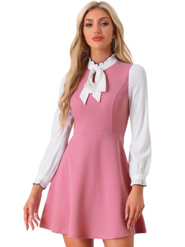Image of Allegra K Tie Neck Dresses for Women's 1960s Vintage Long Sleeve Contrast Color Dress