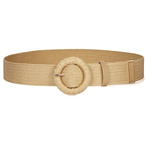 Image of Straw Woven Elastic Belt for Women Stretchy Belts for Dress Fashion Boho Waist Belt Rattan Raffia Ladies Belts